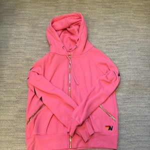 Aviator Nation Pink zip up hoodie with black lightning bolts